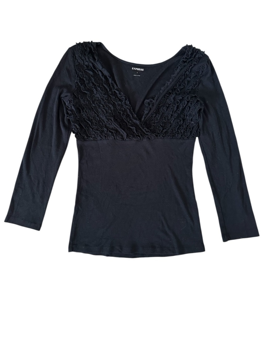 Express Black Ruffled V Neck Long Sleeve Top